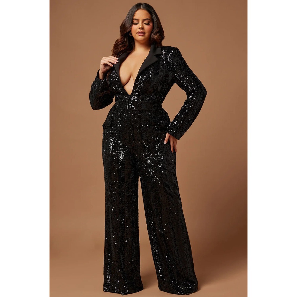 Women's Faeriesty Large Black Sparkly Sequin Jumpsuit One Shoulder Formal Party